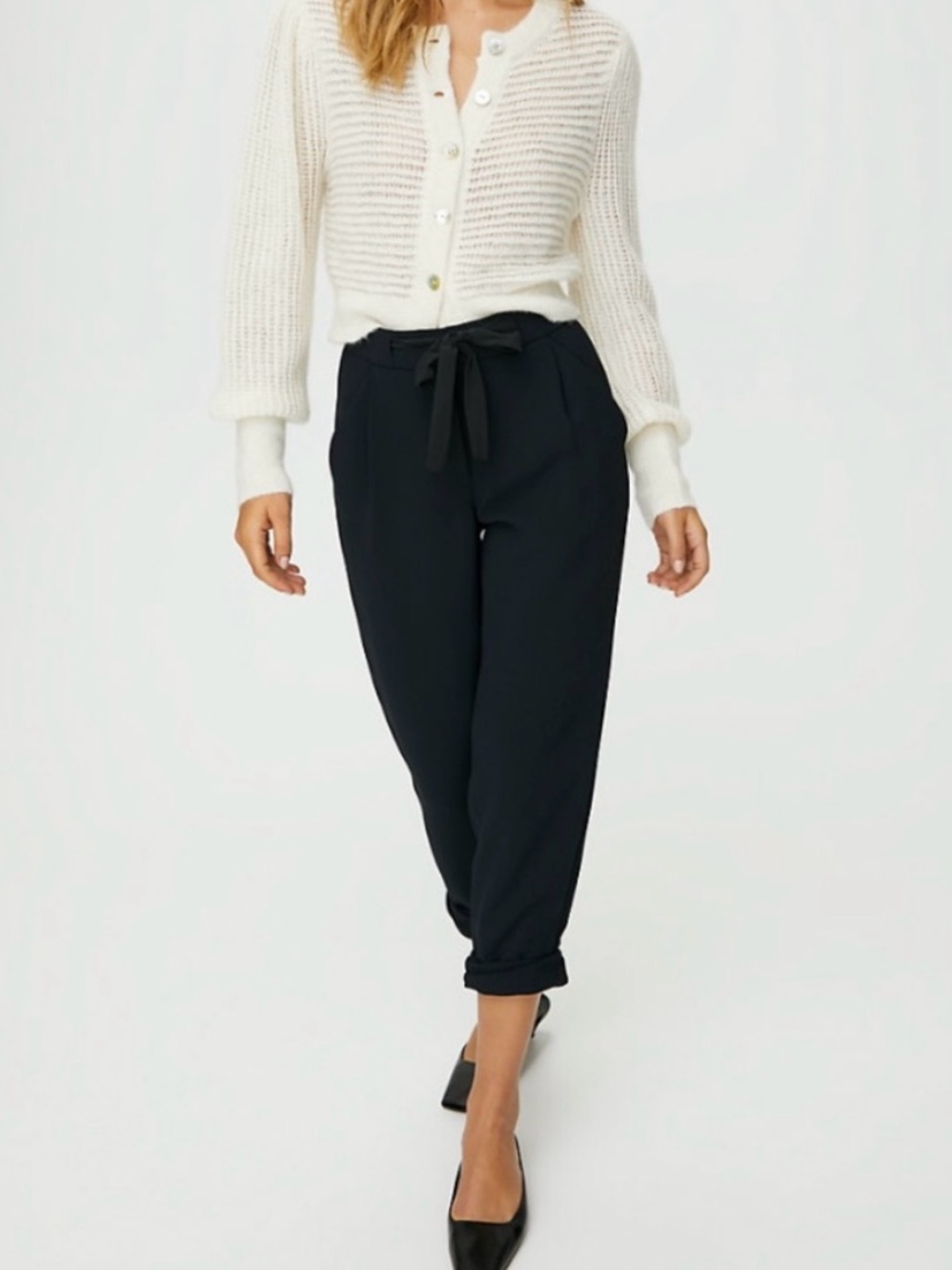 Aritzia Black Tie-Waist Cropped Tapered Pants